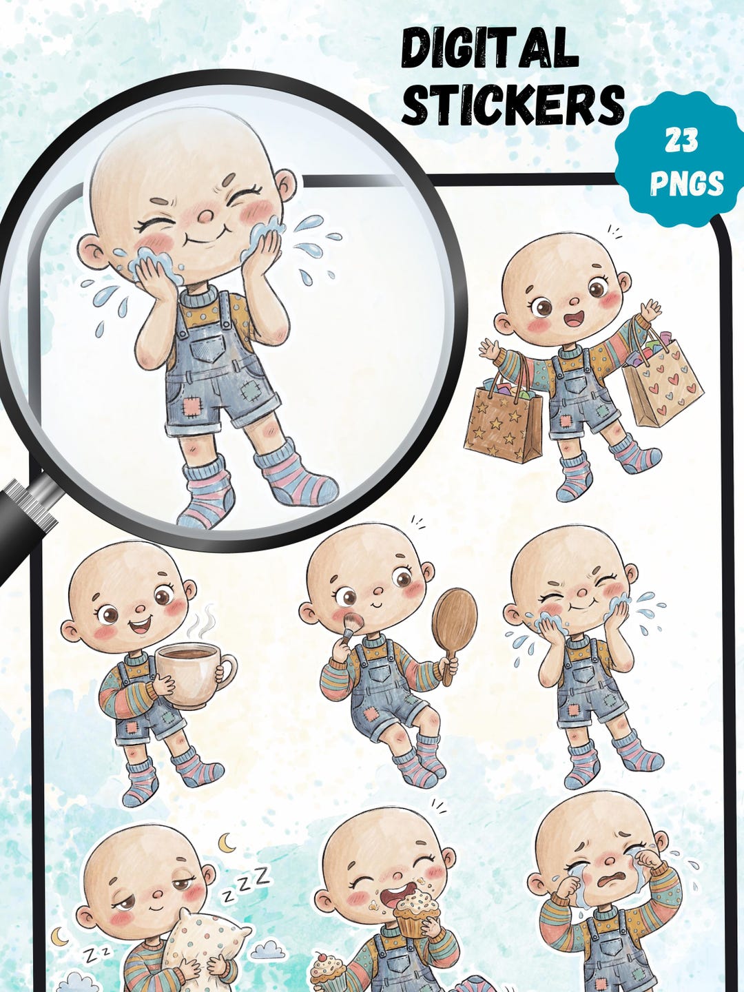 Daily Routine Chibi Bald Chibi Girl Digital Stickers, Whimsical Daily Routine PNG, Kawaii ...