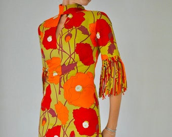 Magnifique robe vintage fait main années 60 70 1960 1970 handmade flower power robe d'été estivale motif floral rouge orange seventies