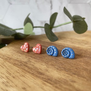 Beach Please Collection | Polymer Clay Stud Earring Set - Blue Spiral Shell and Real Sea Shell Heart Studs