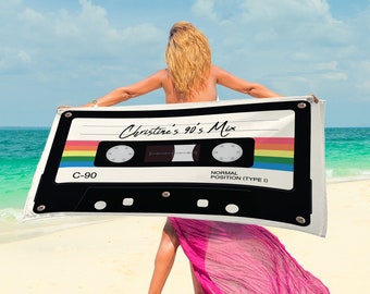 Personalize your Mix Tape Retro Cassette Tape Beach Towel | Customize with your name or inside joke mix tape Sublimated Towel | 90's 80's