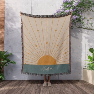 Personalized Name Boho Sunrise Over Water - Good Morning Blanket - You are my sunshine - Live by the sun Minky, Fleece, Sherpa and Woven