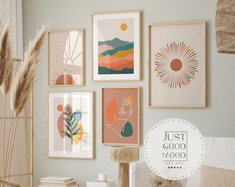 Póster abstracto bohemio con sol color mostaza terracota · Idea de regalo · Lámina decorativa sin marco · Conjunto de láminas artísticas