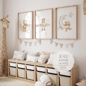 Póster Habitación Infantil Fotos · Idea Regalo para Niños · Ositos Avión Piloto Luna Nubes · Lámina Decorativa sin Marco