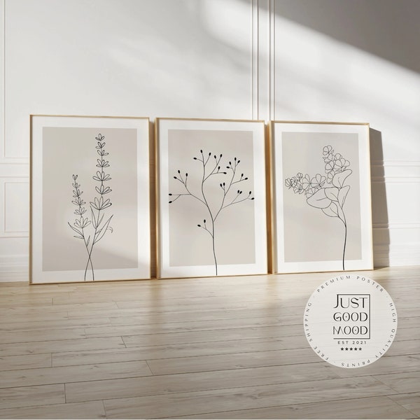 Blumen Minimalistisch Poster · Geschenkidee · Handgezeichnet · Abstract Flower Set of 3 · Line Art · Wand Deko · Deko Print ohne Rahmen