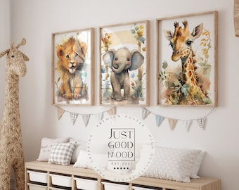 Lion, Elephant, Giraffe Watercolor Poster · Gift Idea · Children's Room Pictures · Decorative Print (Unframed)