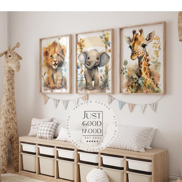 Affiche chambre d'enfant animaux forêt jungle aquarelle lion éléphant · images chambre d'enfant · décoration murale · impression d'art · impression décorative · sans cadre