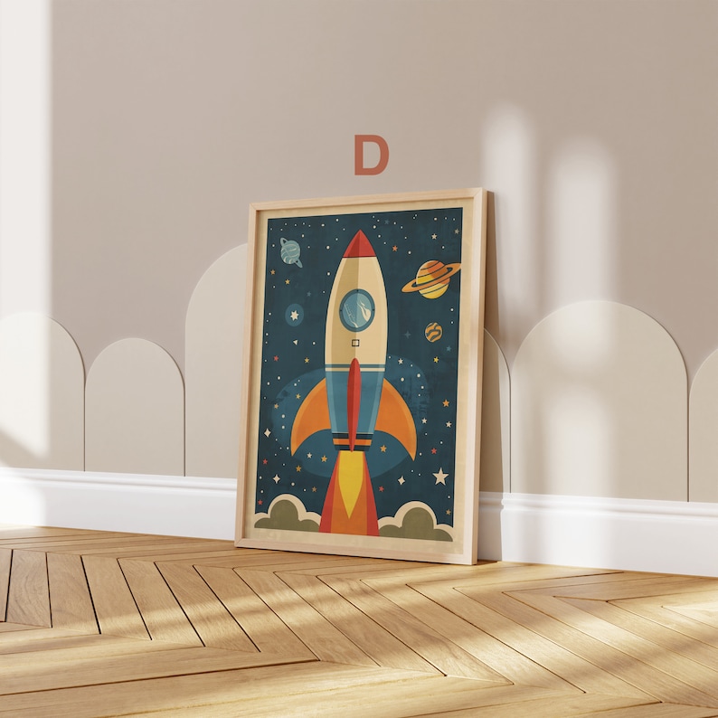 May include: A framed illustration of a red and blue rocket ship flying through space with stars and planets. The rocket ship has a window and a flame coming out of the back. The background is a dark blue with white stars.