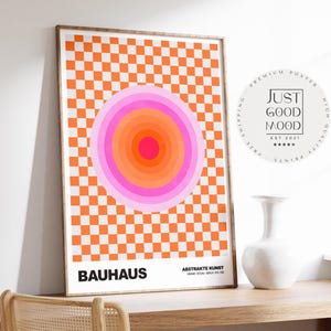 Bauhaus Abstract Art Poster · Pink and Orange Circle on a Checkerboard Pattern · Modern Retro Design Wall Art · Decorative Print (Unframed)