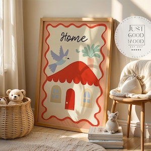 Poster per cameretta dei bambini · Casa con uccelli e piante · Immagine murale amorevole · Colori tenui · Stampa decorativa senza cornice