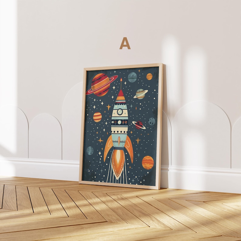 May include: A retro-style rocket ship illustration with a blue, white and orange colour scheme, flying through a dark blue space with stars and planets. The rocket has a red and white flame and is surrounded by planets in various colours.