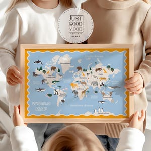 Poster Kinderzimmer Weltkarte · Tiere der Welt für Kinder · Lernposter mit Kontinenten & Ozeanen · Pädagogische Deko · Print ohne Rahmen