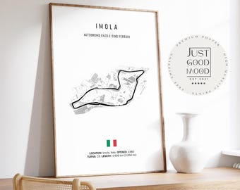 May include: A framed poster featuring a black and white map of the Imola race track, with the text "IMOLA" at the top. The poster includes the track's location, opening year, turns, and length (4.909 km / 3.050 mi). A white vase sits on a wooden surface.