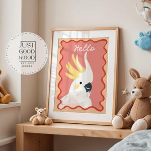 Poster per cameretta dei bambini con uccellino · Cacatua con scritta Hello · Illustrazione colorata di animali · Decorazione murale tropicale per bambini · Stampa decorativa senza cornice