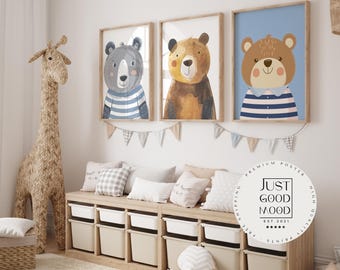 Children's room poster with bear, forest, jungle, watercolor, lion, and elephant · Children's room pictures · Wall decor · Art print · Decorative print · Unframed