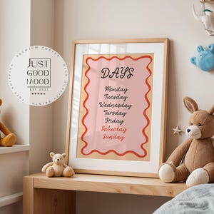 Pósters infantiles de los días de la semana · Pósters educativos de lunes a domingo · Aprende inglés con estilo · Decoración de pared educativa · Sin marco