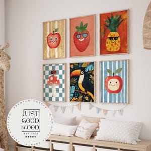 Poster Kinderzimmer Apfel · Erdbeere · Ananas · Tukan · Geschenkidee für Kinder · Rot  Blau · Obst  Dschungel · Deko Print ohne Rahmen