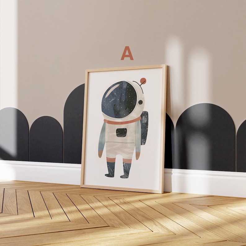 Rakete Weltall Poster – Produktfoto 4 zeigt das Poster und eine beispielhafte Präsentation als Wanddekoration.