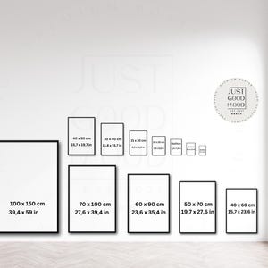 May include: A comparison of different sizes of framed prints, ranging from 40 x 60 cm to 100 x 150 cm. The prints are all black and white and have a simple, modern design.