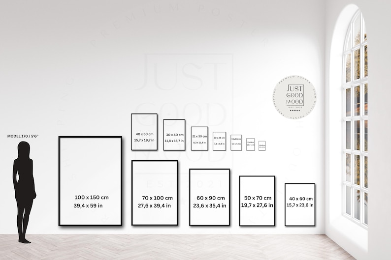 May include: A comparison of different sizes of framed prints, ranging from 40 x 60 cm to 100 x 150 cm. The prints are all black and white and have a simple, modern design.