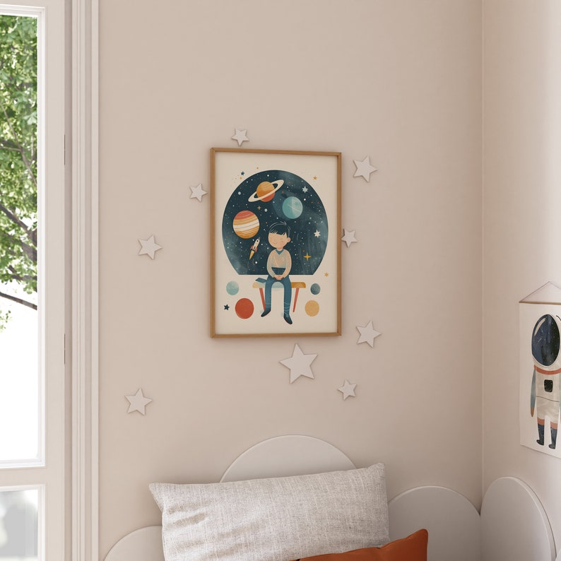 May include: A framed illustration of a child sitting on a bench with planets and stars in the background. The illustration is in a light blue, orange, yellow, and brown color scheme.