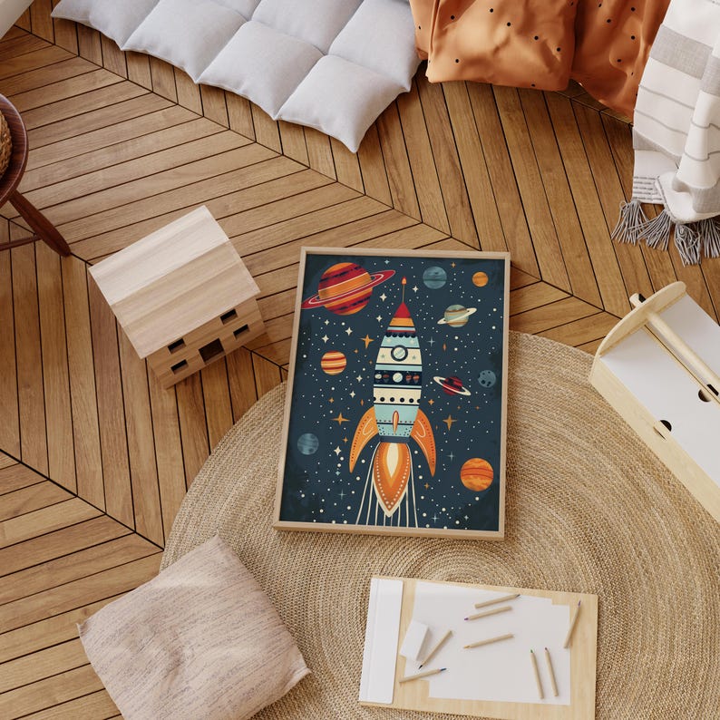 May include: A framed illustration of a rocket ship flying through space with planets and stars. The rocket is orange, white and blue with a black and white pattern. The background is dark blue with white stars.