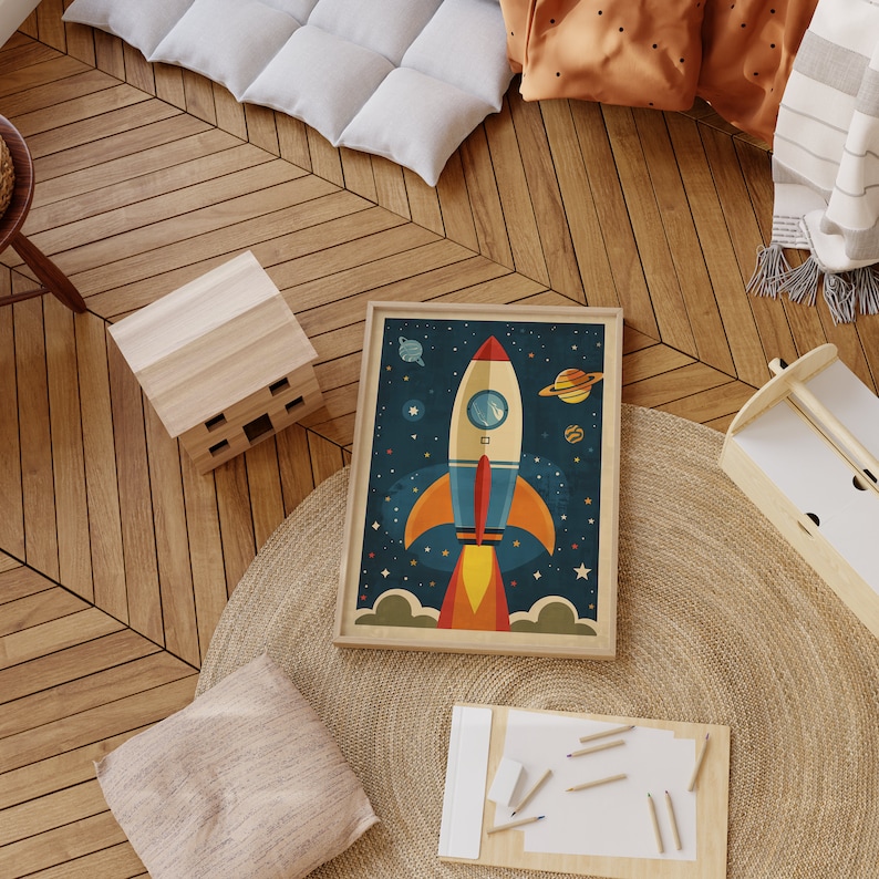 May include: A framed illustration of a blue and orange rocket ship flying through space with stars and planets in the background.