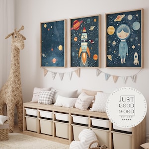 Poster dell'astronauta per la cameretta dei bambini · Idea regalo per i bambini · Decorazione per la cameretta dei bambini · Razzo spaziale e pianeti · Stampa decorativa senza cornice