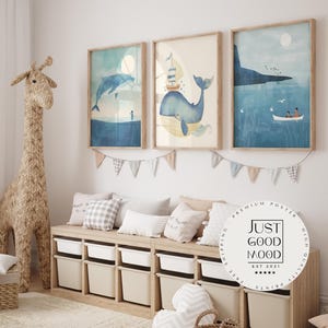 Póster de ballenas para habitación infantil · Idea de regalo para niños · Océanos de cuento de hadas · Fantástica aventura con ballenas · El niño conoce a la ballena · Impresión decorativa sin marco
