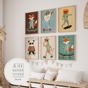 Poster animali della foresta skateboard cameretta bambini · Idea regalo per bambini · Volpe Panda Orso Giraffa Bradipo · Stampa decorativa senza cornice
