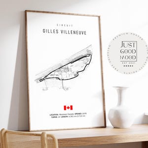 May include: A framed poster featuring a black and white map of the Gilles Villeneuve race track. The poster includes the track's name, location, and other details. The Canadian flag is displayed at the bottom. The poster is on a wooden surface.