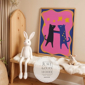 Poster Kinderzimmer Katzen · Tanz unterm Sternenhimmel · Bunte Deko in Pink  Blau · Freundschaft  Magie · Ohne Rahmen