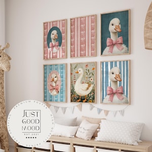 Poster Gänse mit Schleife · Geschenkidee für Kinder · Vintage Rosa & Blau · Nostalgie Poster · Bauernhof Gans · Deko Print ohne Rahmen