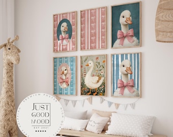Poster of geese with bows · Gift idea for children · Vintage pink & blue · Nostalgic poster · Farm goose · Decorative print without frame