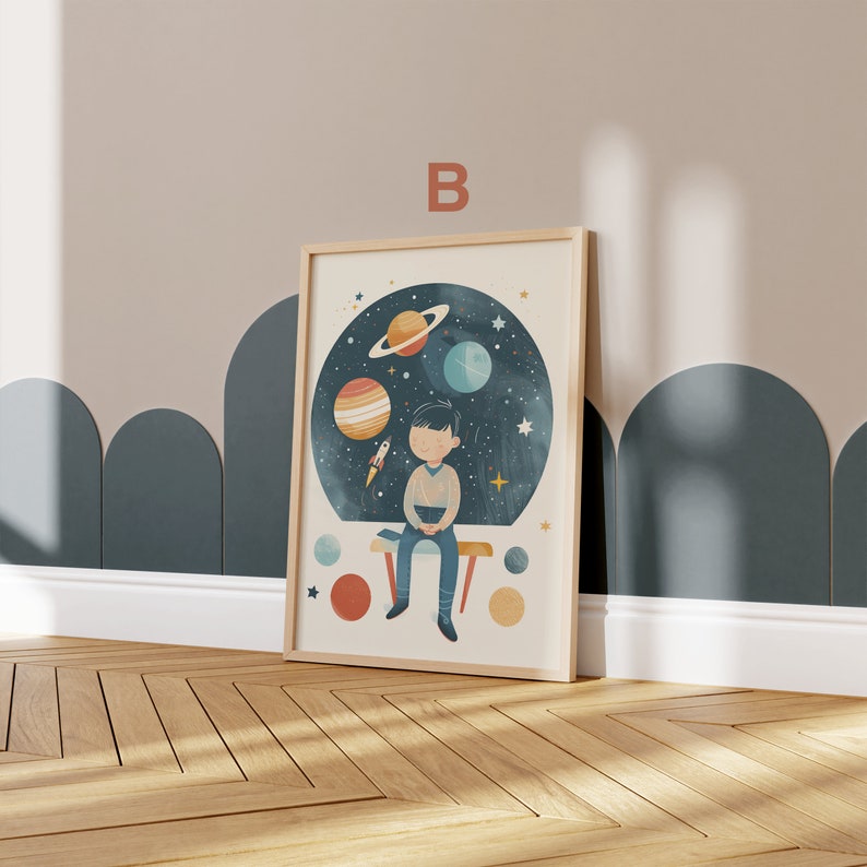 May include: A framed print of a boy sitting on a bench with planets and stars in the background. The print has a blue, orange, and white color scheme.