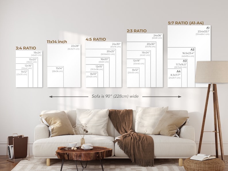May include: A diagram showing different print sizes for artwork, with a sofa in the foreground. The sizes are labeled with dimensions in inches and centimeters. The text "Sofa is 90" (228cm) wide" is below the diagram.