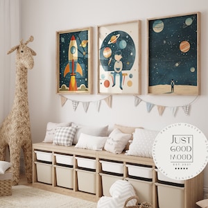 Póster de astronauta para habitación infantil · Idea de regalo para niños · Decoración habitación infantil · Cohete espacial y planetas · Lámina decorativa sin marco