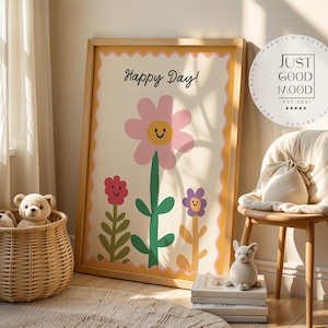 Poster Kinderzimmer Blumen · Happy Day! Schriftzug · Fröhliche Blumendeko in Pastell · Wandbild für Kinder · Dekoprint Ohne Rahmen