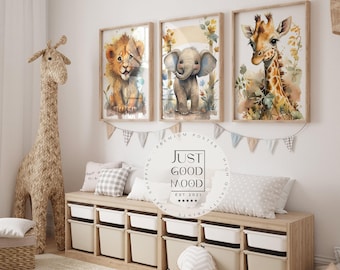 Lion, Elephant, Giraffe · Watercolor Animal Poster · Children's Room Wall Art · Gift · Unframed