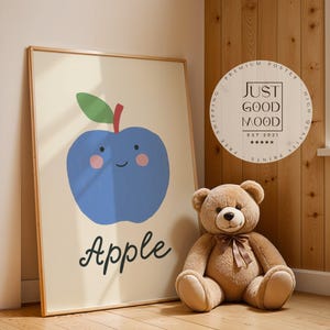 Póster para habitación infantil · Manzana azul · Fruta con cara · Póster para aprender inglés · Idea de regalo para niños · Dulce y divertido · Lámina decorativa sin marco