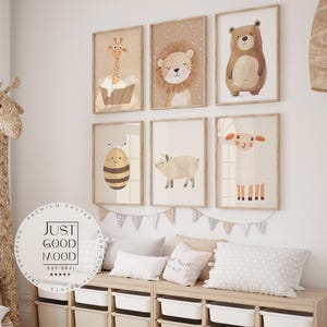 Boho Baby Room Poster · Giraffe Lion Bee Sheep Pig · Decorative Print without Frame