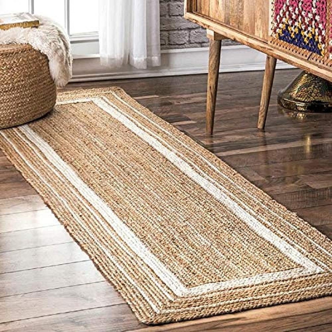 Natural Jute White Cotton Outer Border Runner Rug for Entry Etsy