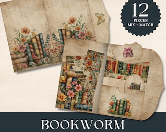 Bookworm Junk Journal Folio Kit Book Lover Junk Journal Printable Digital Folio Paper Book Nook Folio Printable Pocket Folio for Scrapbook