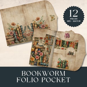 Bookworm Junk Journal Folio Kit Book Lover Junk Journal Printable Digital Folio Paper Book Nook Folio Printable Pocket Folio for Scrapbook