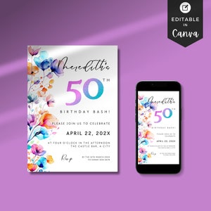 50th Birthday Party Invitation 50th Birthday Invite Watercolor Floral Invite Cheers to 50 Years Happy 50th Birthday Wildflower Birthday