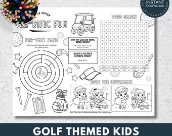 Mantel individual de golf para niños, hoja de actividades imprimible con trivias de golf, sopa de letras y colorear, juego de tapete de actividades para niños