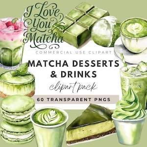 Boissons matcha latte et clipart dessert dans un style Aquarelle pour les amateurs de Matcha à usage commercial PNG Bundle, pack de cliparts Matcha, gâteau Clip Art