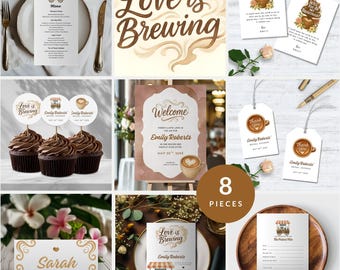 Paquete de café para despedida de soltera "Love is Brewing", letrero de bienvenida con temática de café, fiesta para amantes del café, invitación de novia con latte, fiesta nupcial