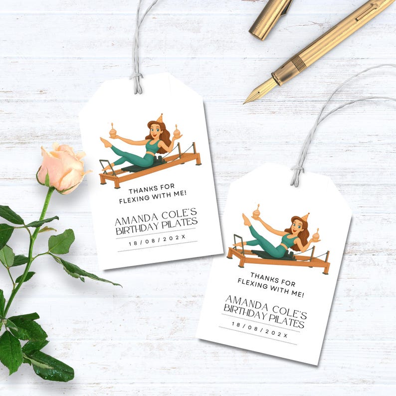 Fun Pilates birthday invitation featuring a woman balancing cupcakes in a Pilates reformer pose, surrounded by fitness accessories like socks, water bottle, and exercise ball.