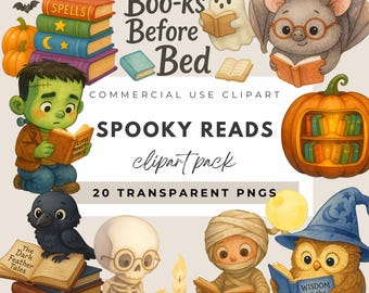 May include: A collection of Halloween-themed clipart featuring various spooky characters reading books. Includes a Frankenstein monster, a bat wearing glasses, an owl, and a mummy. The text reads "Boo-ks Before Bed" and "Spooky Reads".