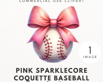May include: A pink sparkly bow tied around a white baseball with red stitching. The baseball has a glittery finish.  The image is labeled "Pink Sparklecore Coquette Baseball clipart".